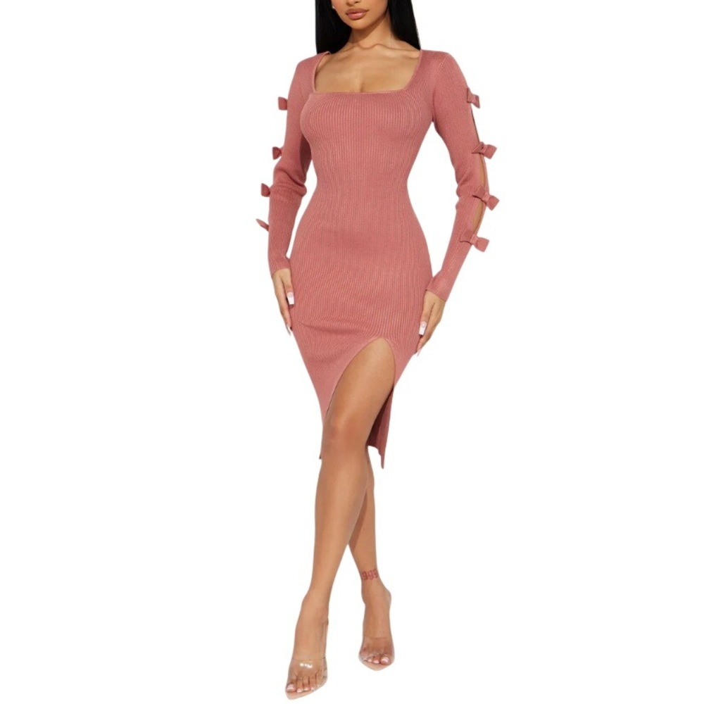 Fashion Nova Women's Mauve Cute As A Bow Ribbed Midi‎ Dress Plus Size 2X